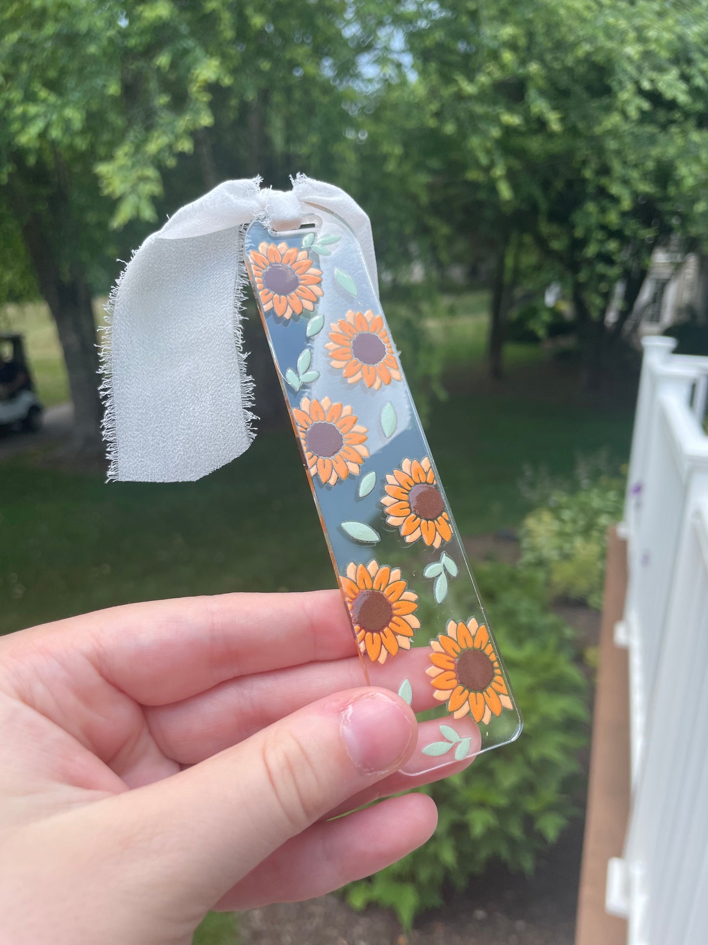 Blooming Sunflower Clear Acrylic Bookmark with Chiffon Ribbon