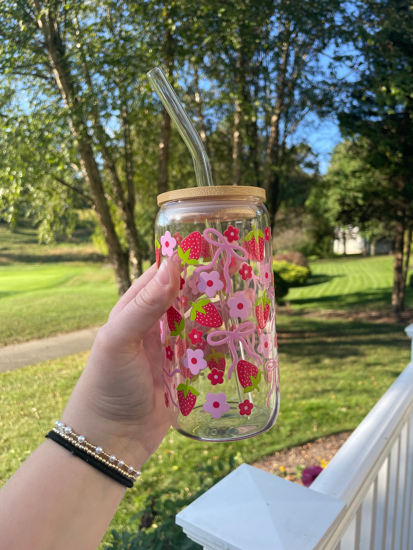 Strawberries and Pink Bows Cute Glass Cup with Bamboo Lid and Glass Straw
