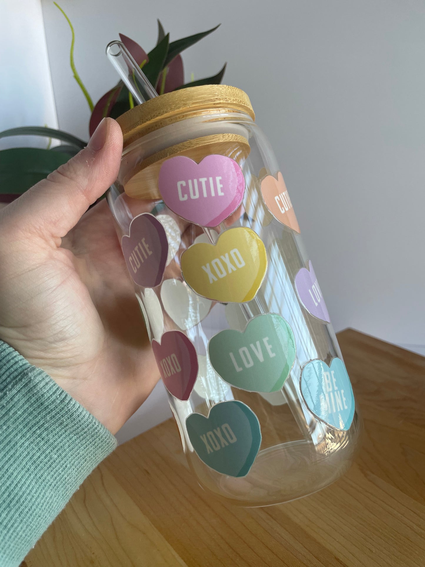 Conversation Hearts Glass Cup with Bamboo Lid and Glass Straw