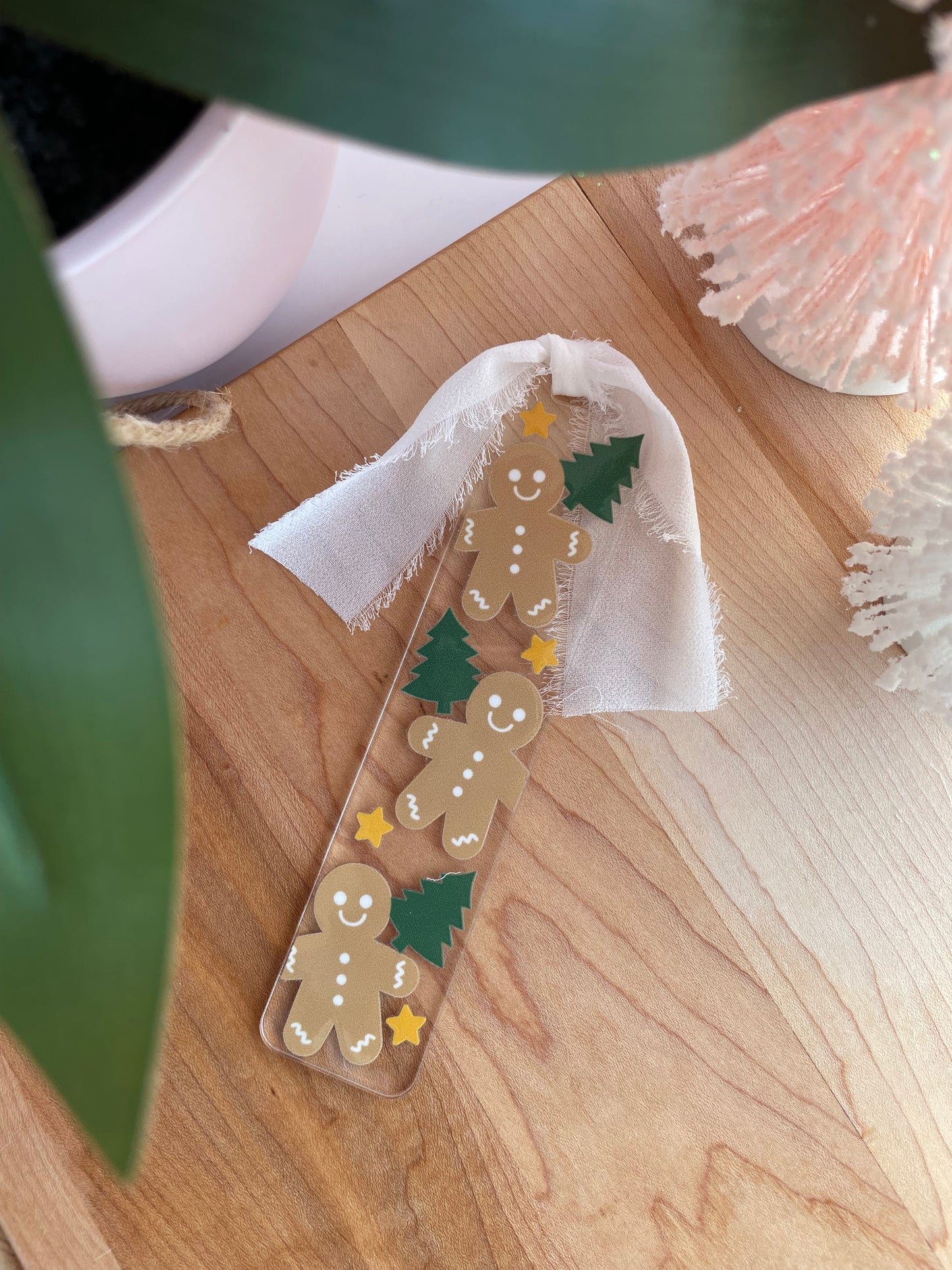 Stars, Gingerbread, and Trees Clear Acrylic Bookmark with Chiffon Ribbon