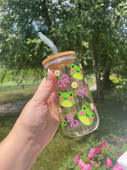 Adorable Froggies and Bows Glass Cup with Bamboo Lid and Glass Straw