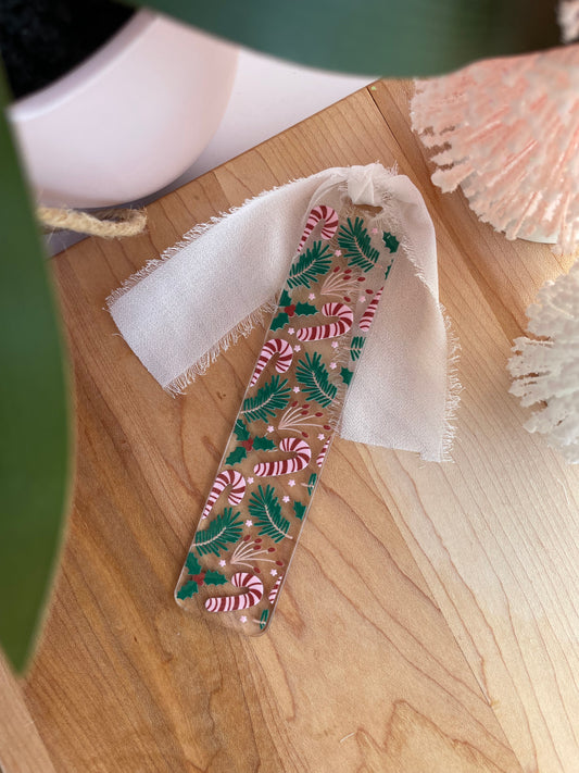 Candy Canes and Greenery Clear Acrylic Bookmark with Chiffon Ribbon