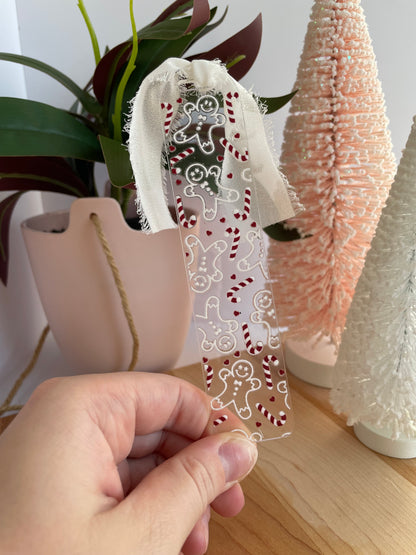 White Gingerbread Men and Candy Canes Clear Acrylic Bookmark with Chiffon Ribbon
