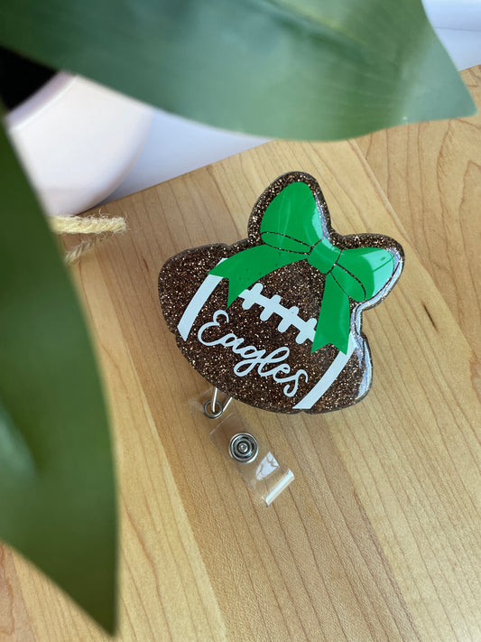 Eagles Glittery Football and Bow Acrylic Badge Reel