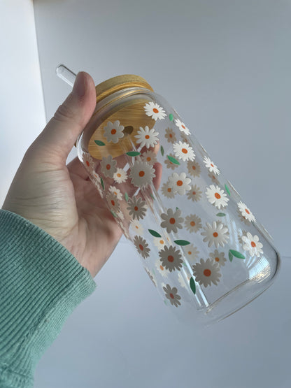 Pretty Daises Glass Cup with Bamboo Lid and Glass Straw