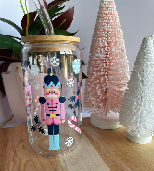 Blue Nutcrackers Holiday Glass Cup with Bamboo Lid and Glass Straw