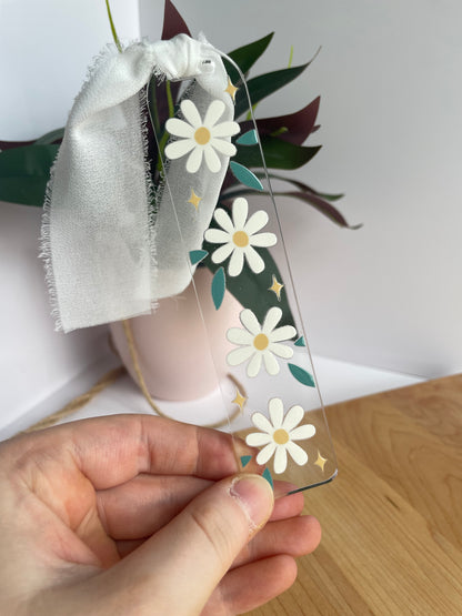 Sparkly Daises Clear Acrylic Bookmark with Chiffon Ribbon