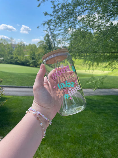 Good Things Take Time Colorful Glass Cup with Bamboo Lid and Glass Straw