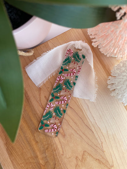 Candy Canes and Greenery Clear Acrylic Bookmark with Chiffon Ribbon