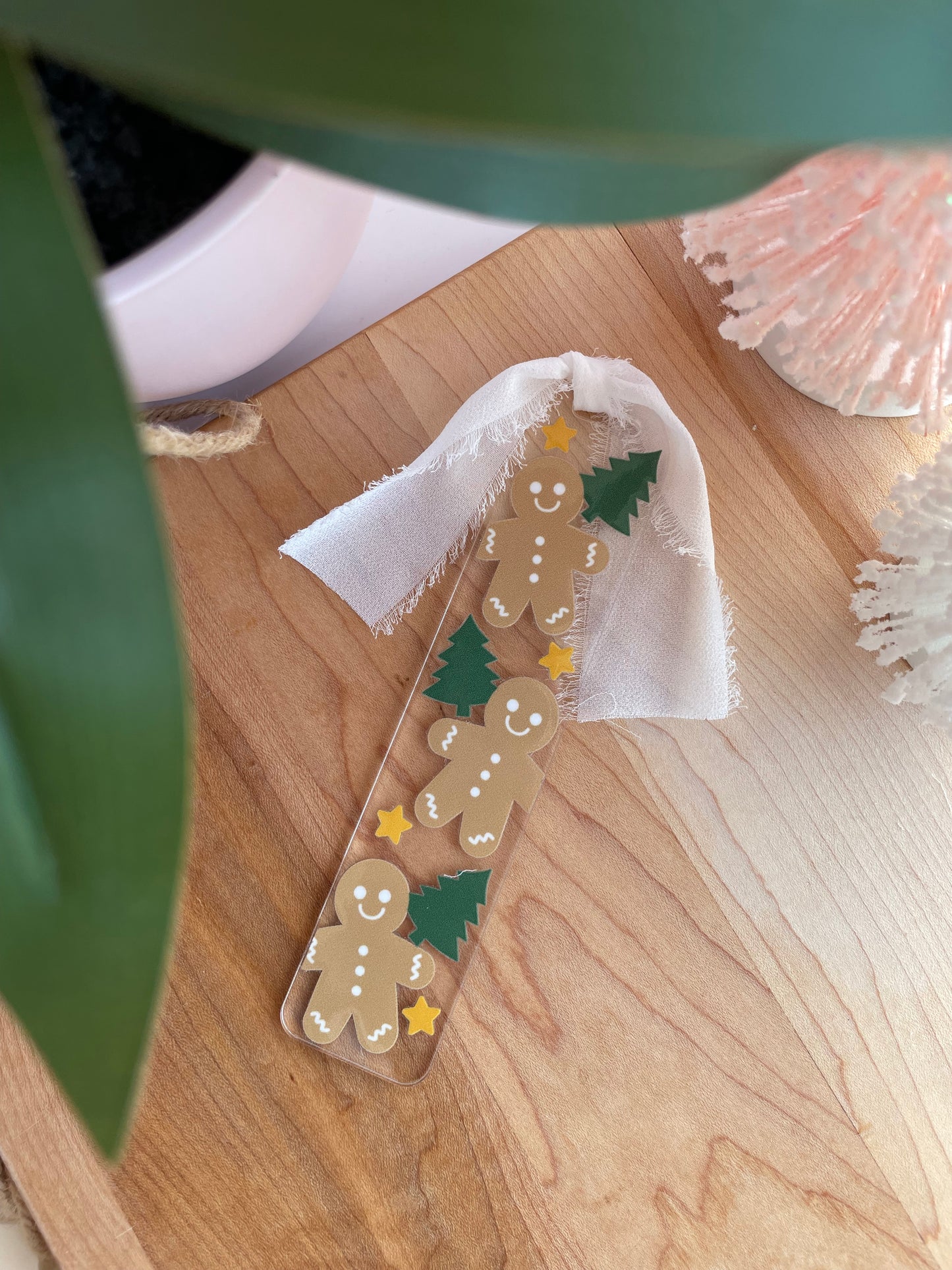Stars, Gingerbread, and Trees Clear Acrylic Bookmark with Chiffon Ribbon