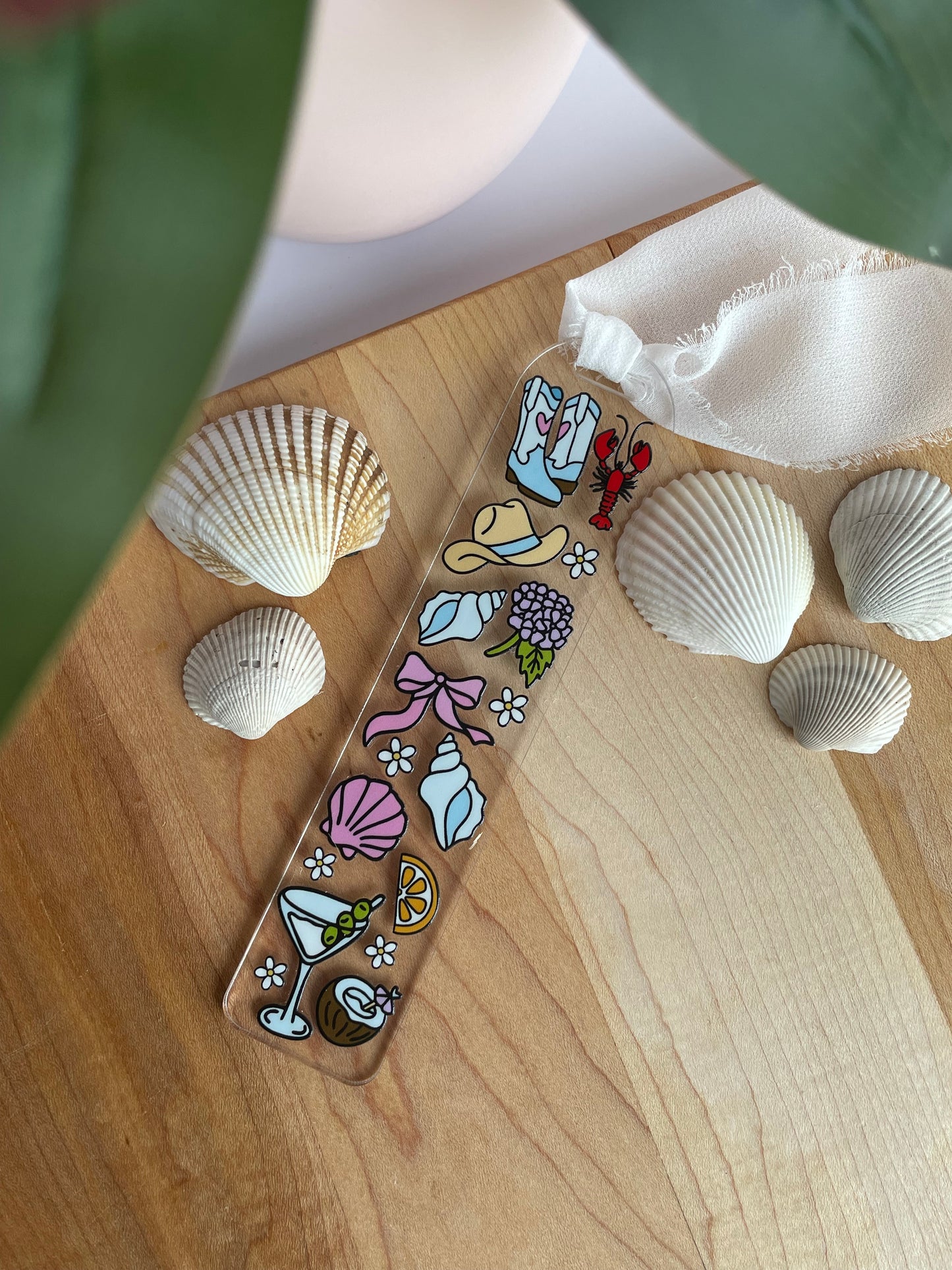Coastal Girlie Clear Acrylic Bookmark with Chiffon Ribbon