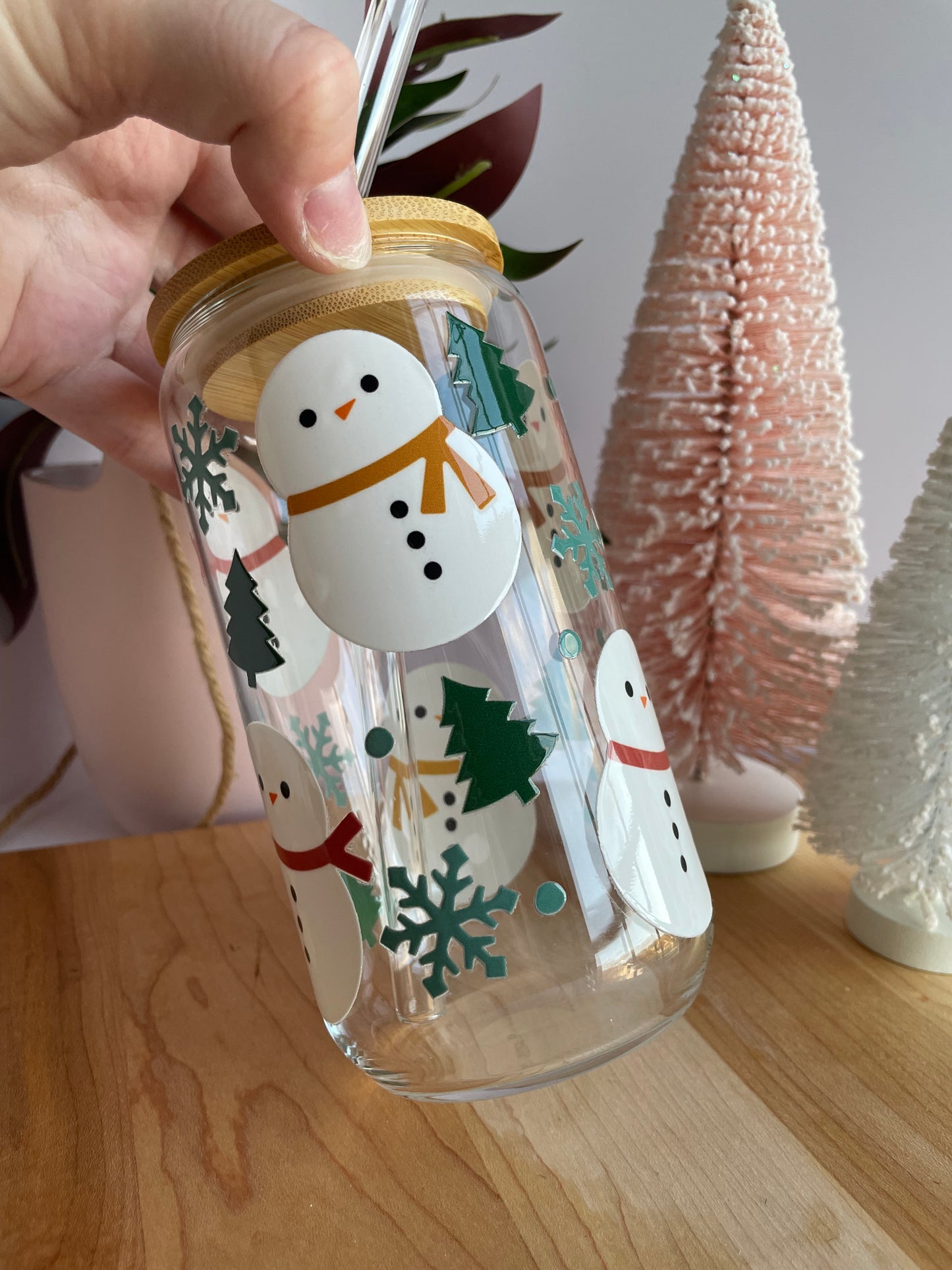 Happy Snowmen Winter Glass Cup with Bamboo Lid and Glass Straw