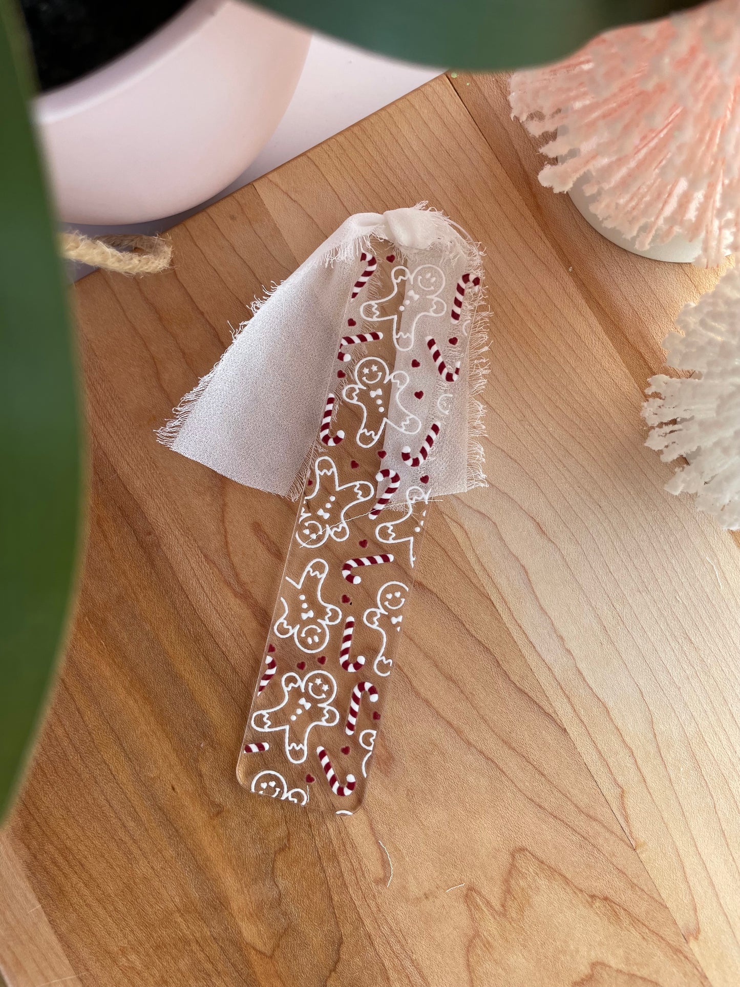 White Gingerbread Men and Candy Canes Clear Acrylic Bookmark with Chiffon Ribbon