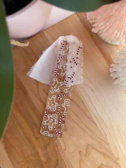 White Gingerbread Men and Candy Canes Clear Acrylic Bookmark with Chiffon Ribbon