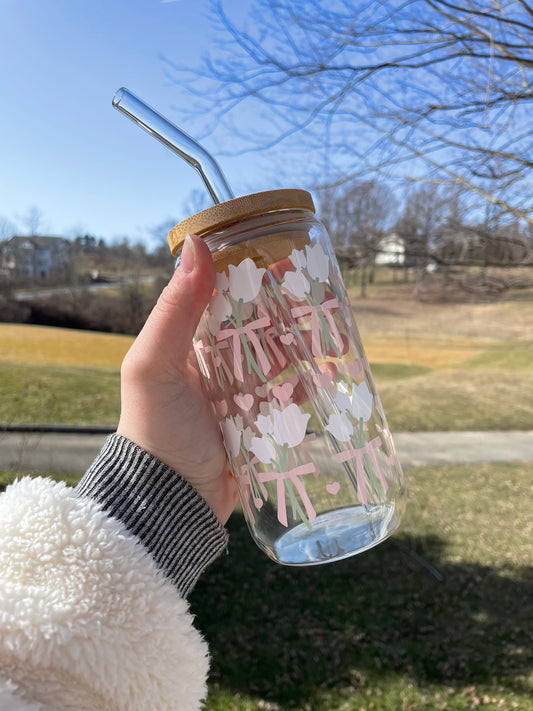 Pretty Tulips and Bows Glass Cup with Bamboo Lid and Glass Straw