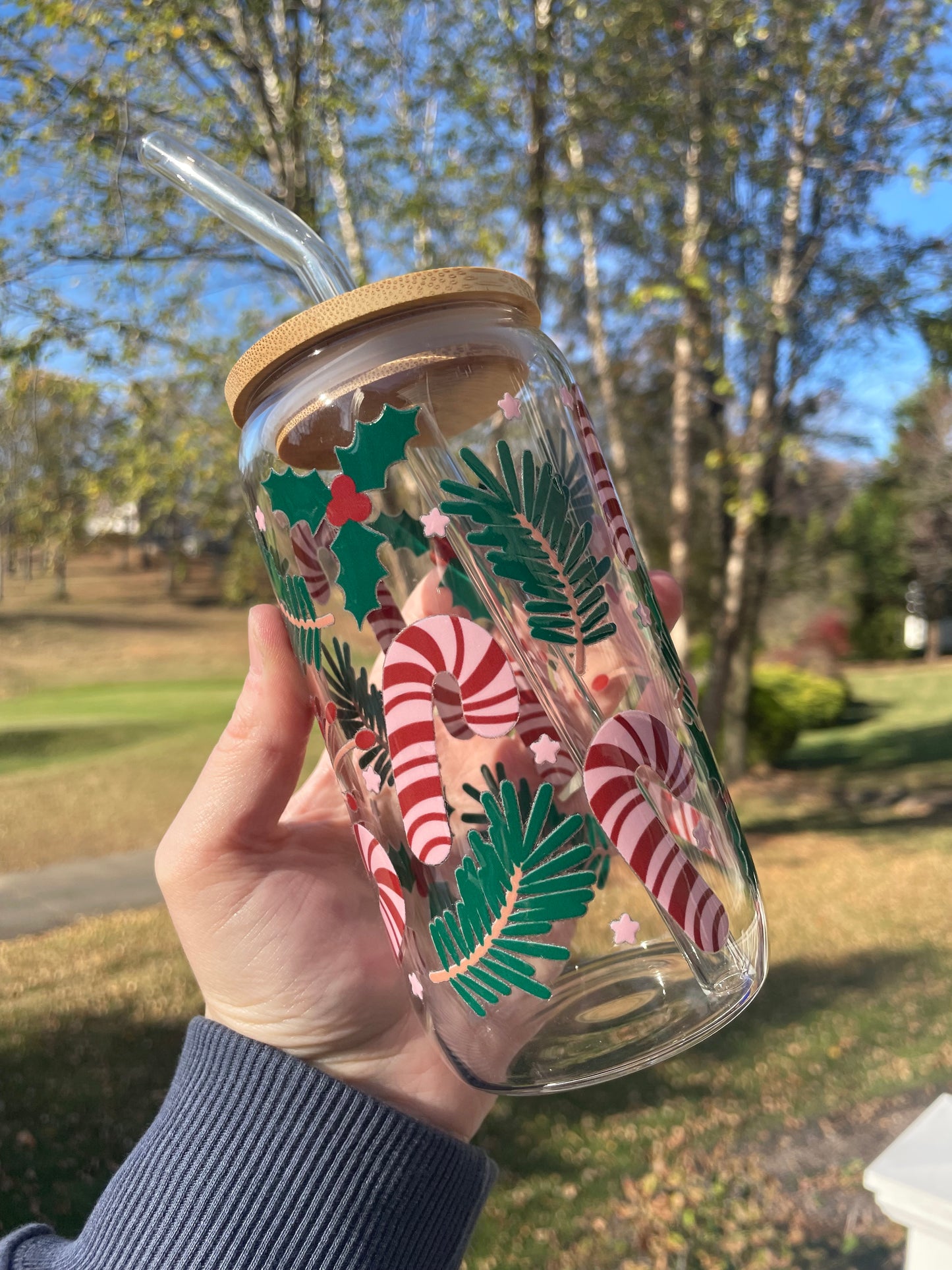 Candy Canes and Greenery Holiday Glass Cup with Bamboo Lid and Glass Straw
