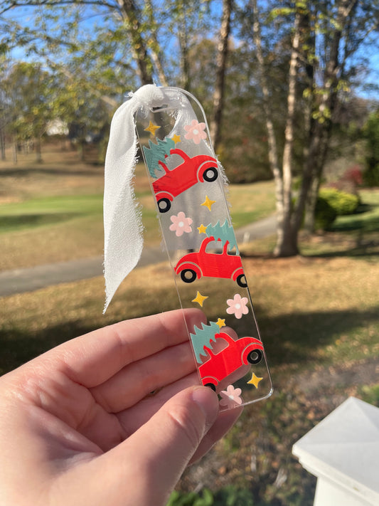 Red Christmas Truck Clear Acrylic Bookmark with Chiffon Ribbon