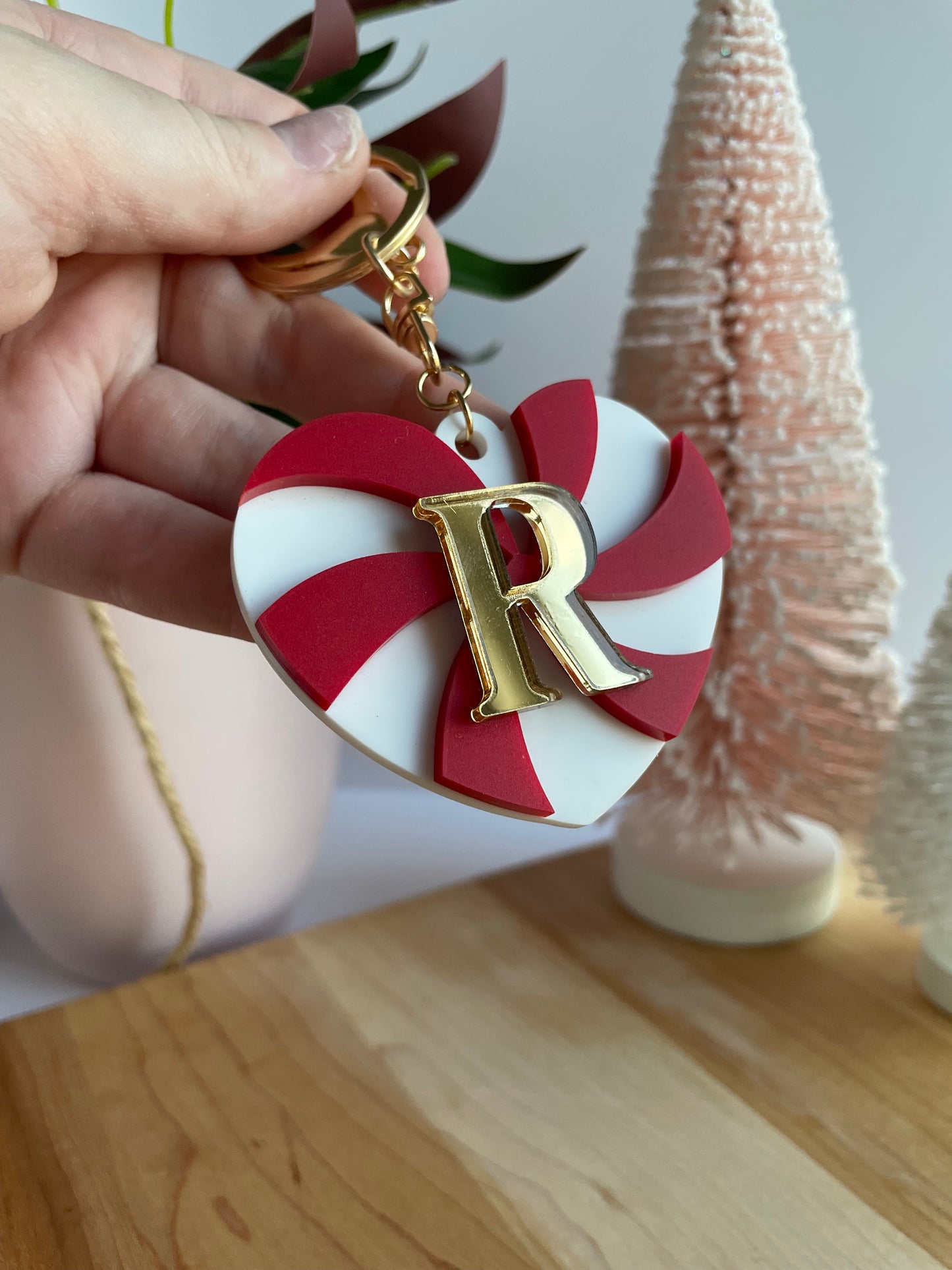 Peppermint Heart Keychain with Gold Features