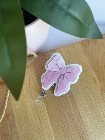 Pearl Pink and White Bow Acrylic Badge Reel