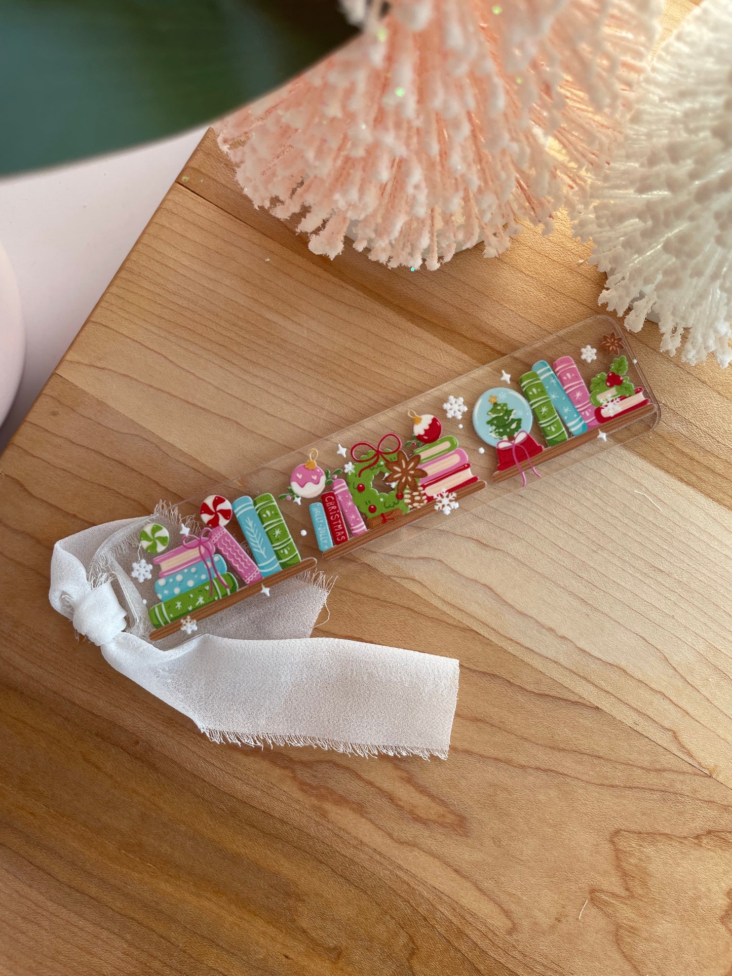 Christmas Bookshelf Clear Acrylic Bookmark with Chiffon Ribbon
