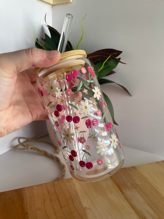 Pretty Cherries and Flowers Glass Cup with Bamboo Lid and Glass Straw