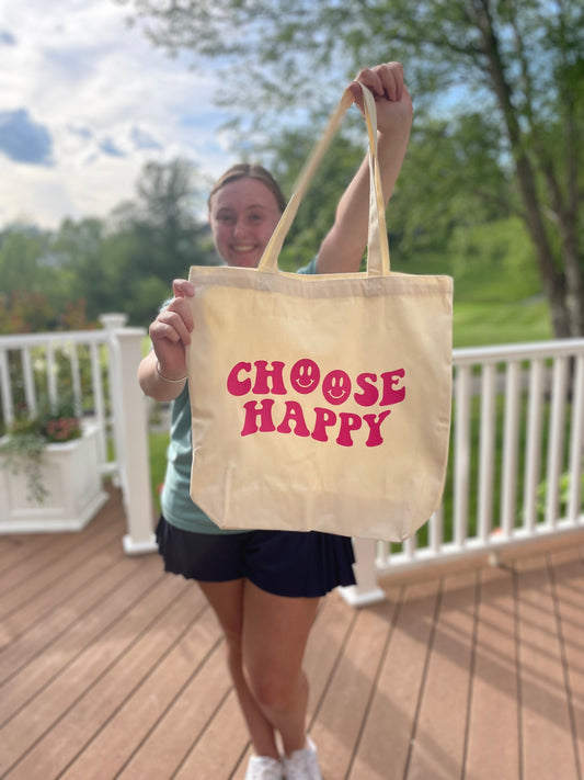 Hot Pink Choose Happy Canvas Tote Bag