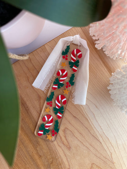 Festive Candy Canes Clear Acrylic Bookmark with Chiffon Ribbon