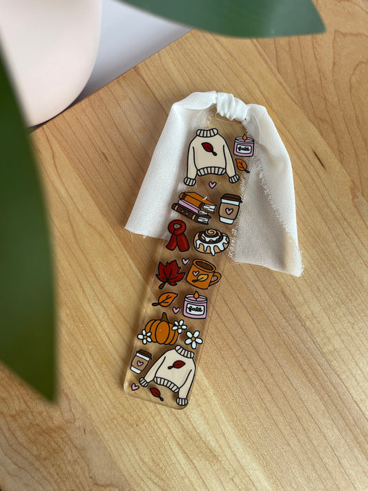Cozy Fall Girl Clear Acrylic Bookmark with Chiffon Ribbon