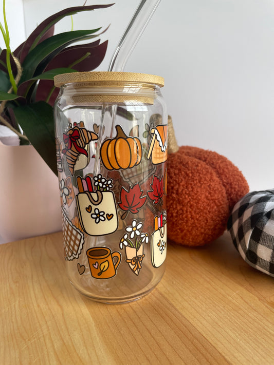 Fall Picnic Glass Cup with Bamboo Lid and Glass Straw