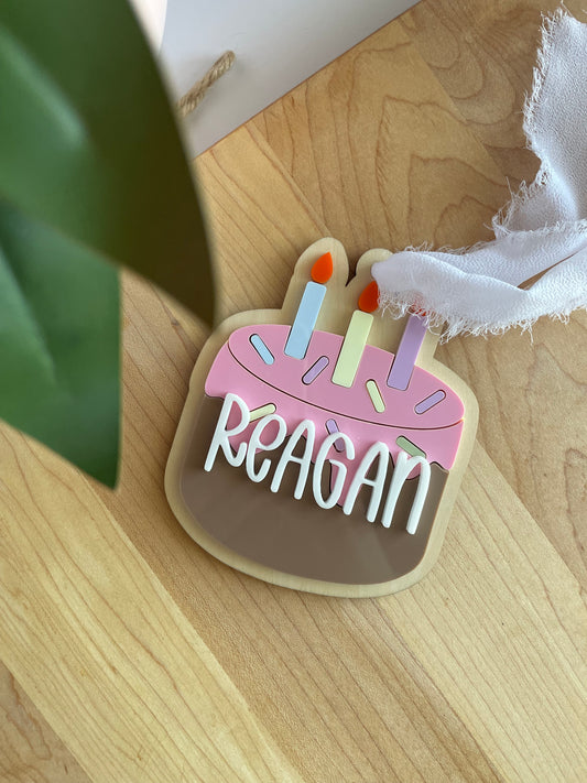 Birthday Cake Acrylic Gift Tag with Chiffon Ribbon