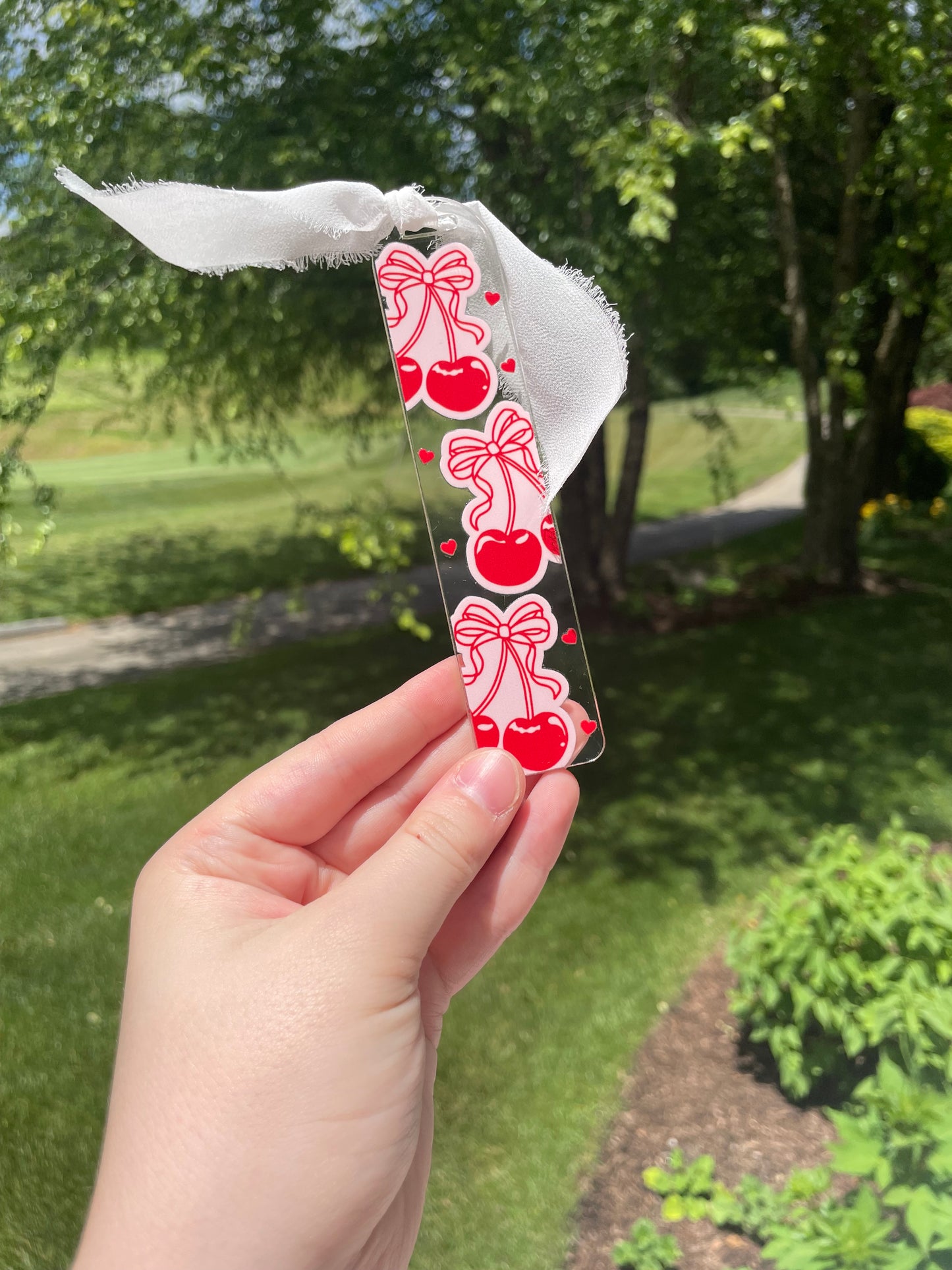 Coquette Cherries and Bows Clear Acrylic Bookmark with Chiffon Ribbon