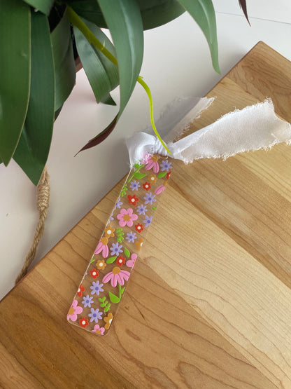 Spring Florals Clear Acrylic Bookmark with Chiffon Ribbon