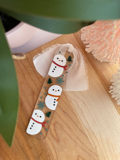 Holiday Snowmen Clear Acrylic Bookmark with Chiffon Ribbon