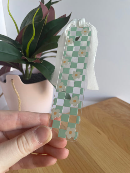 Teal Checkered Daises Clear Acrylic Bookmark with Chiffon Ribbon