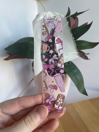 Pink Groovy Girl Clear Acrylic Bookmark with Chiffon Ribbon
