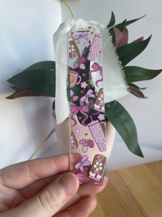 Pink Groovy Girl Clear Acrylic Bookmark with Chiffon Ribbon