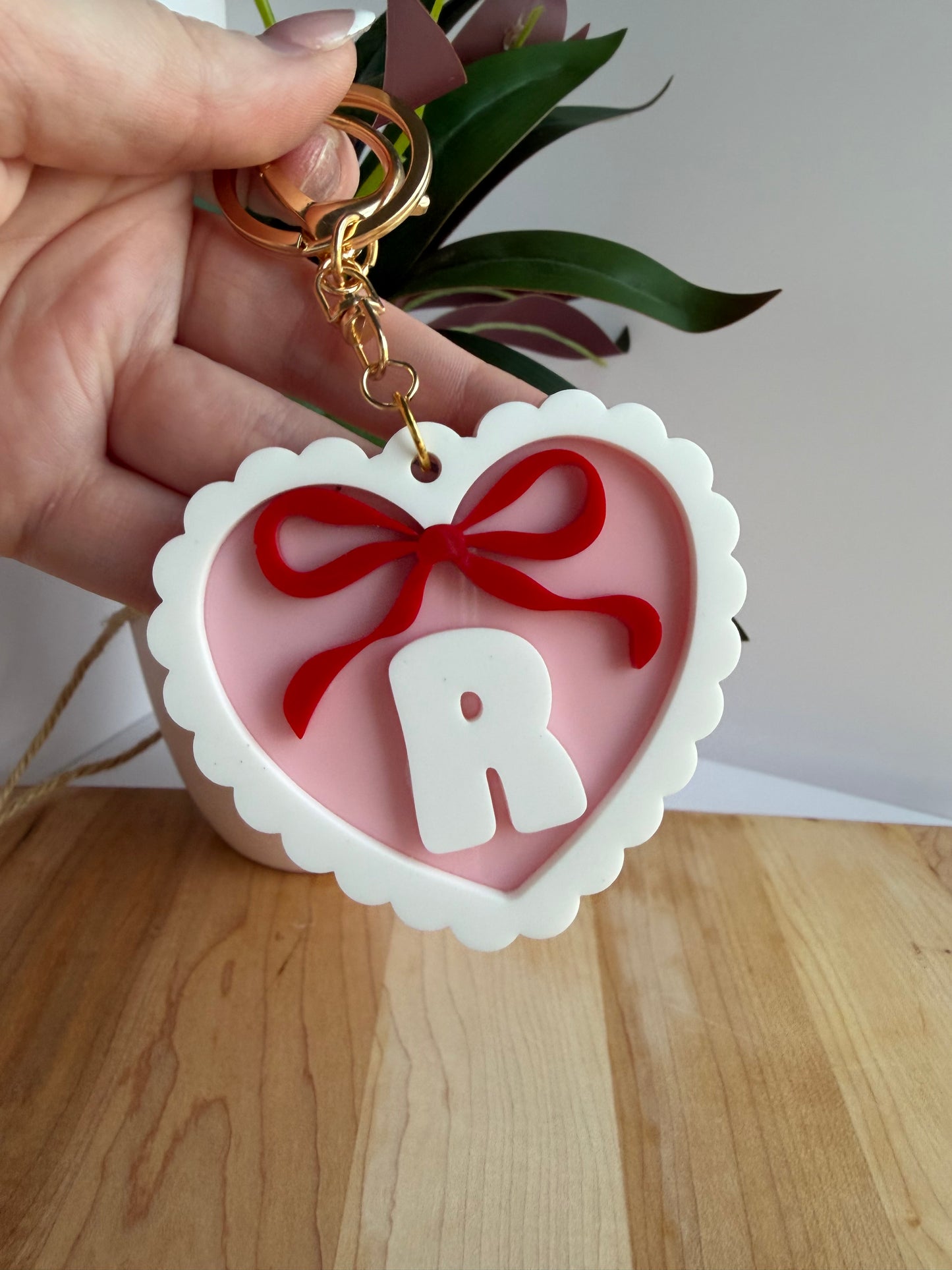 Pink Scalloped Heart with a Bow Custom Acrylic Keychain with Gold Features