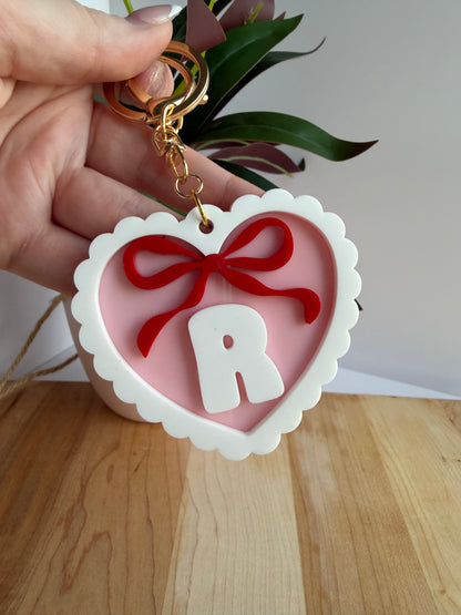 Pink Scalloped Heart with a Bow Custom Acrylic Keychain with Gold Features