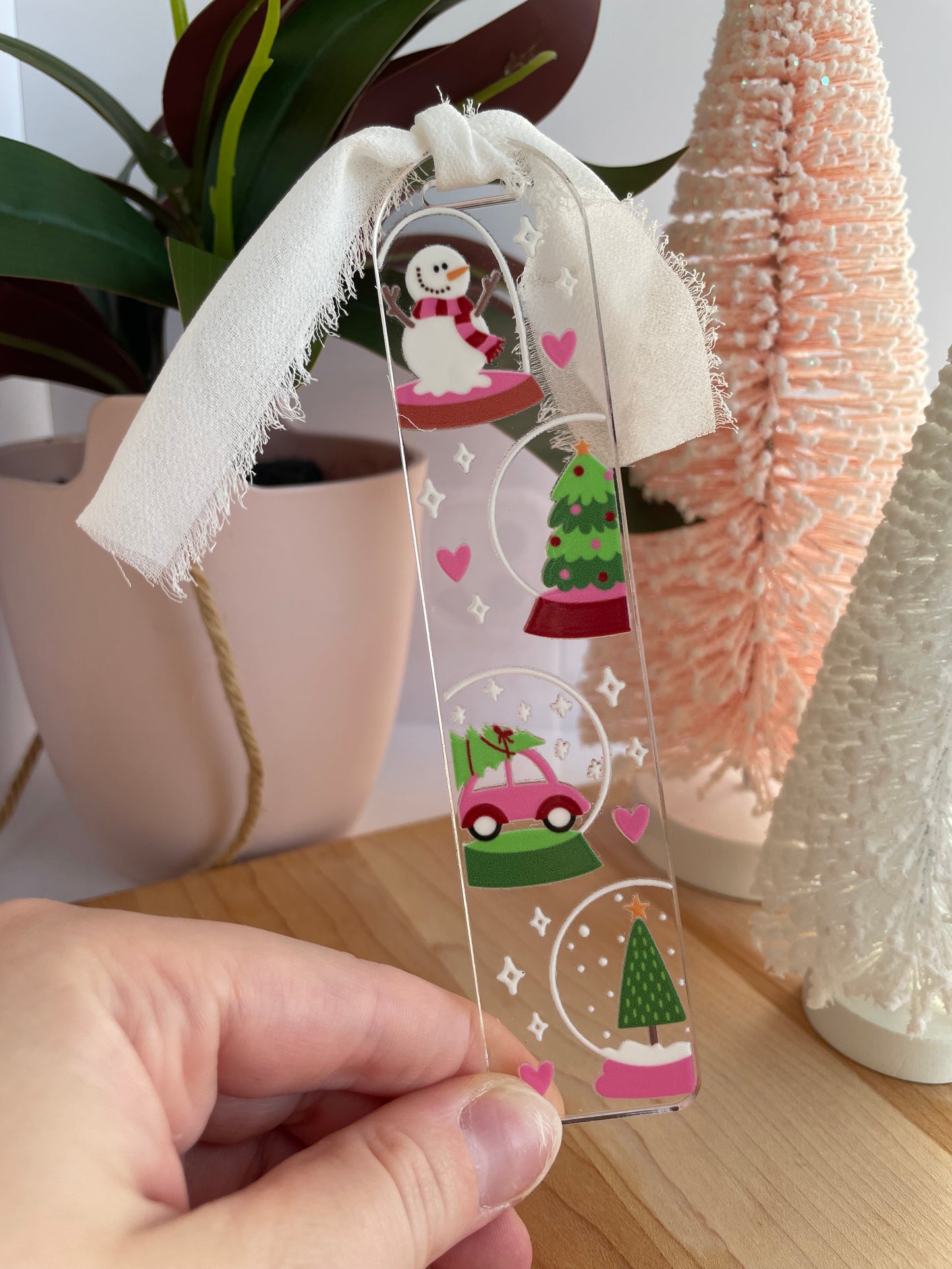 Festive Snowglobes Winter Clear Acrylic Bookmark with Chiffon Ribbon