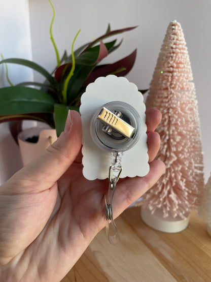 Scalloped Christmas Doodles and Bow Badge Reel