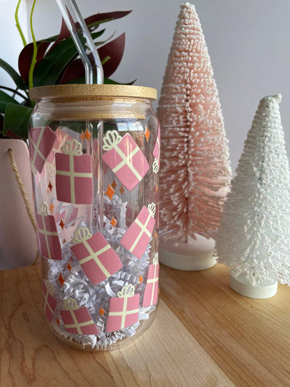 Pretty Pink Presents Glass Cup with Bamboo Lid and Glass Straw