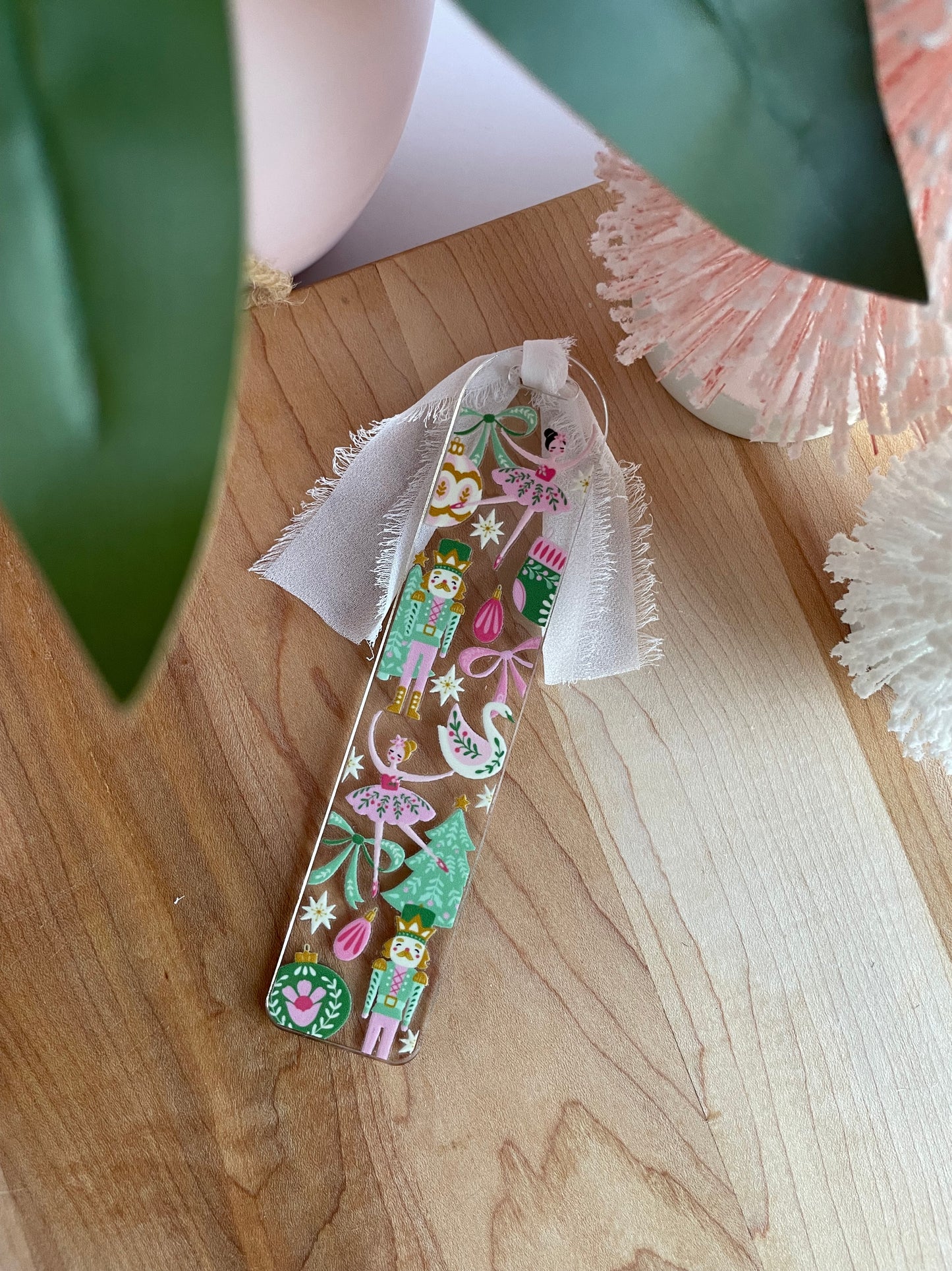 Beautiful Nutcrackers and Ornaments Clear Acrylic Bookmark with Chiffon Ribbon