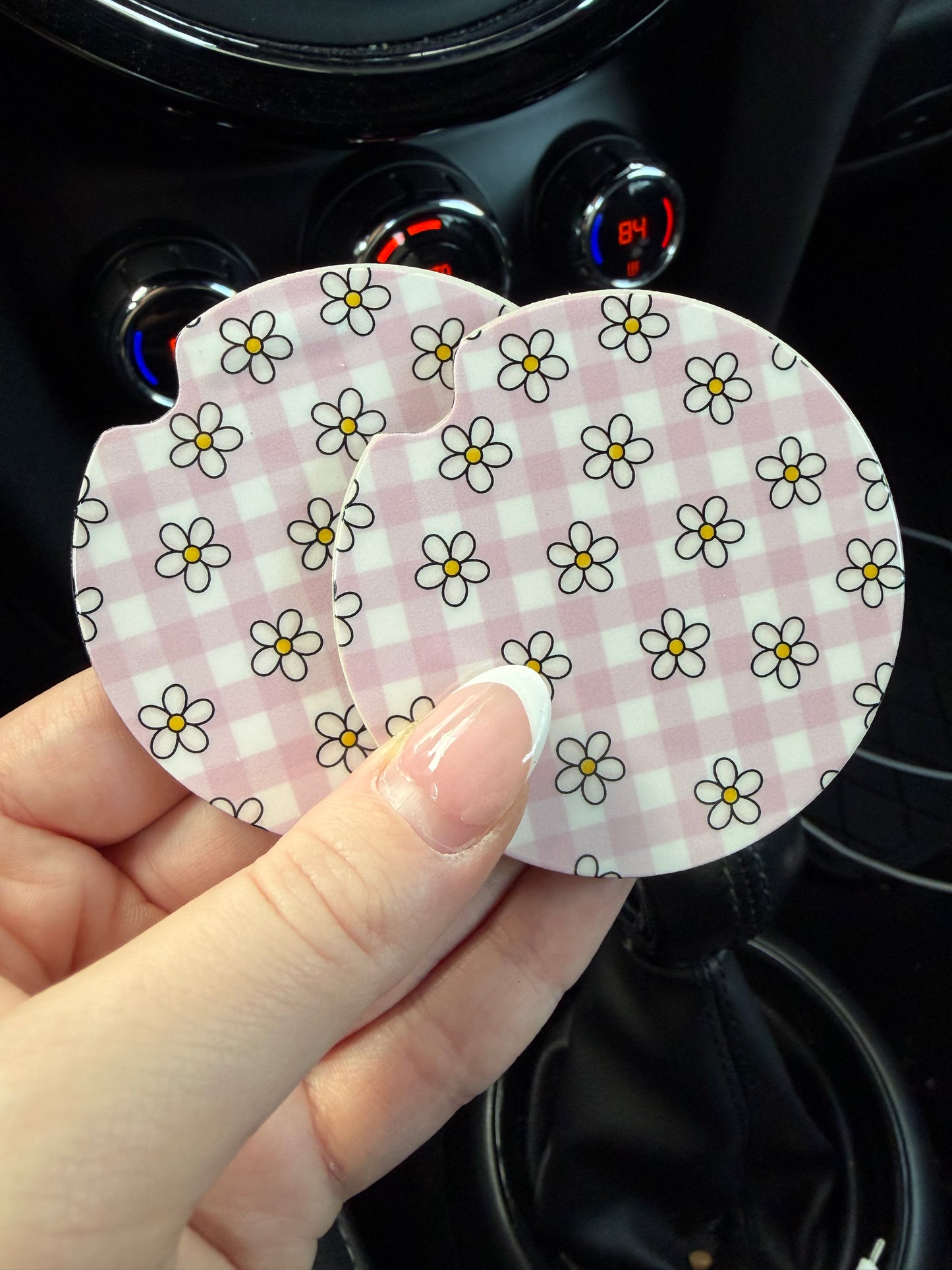 Pink Checkered Daisies Car Coasters
