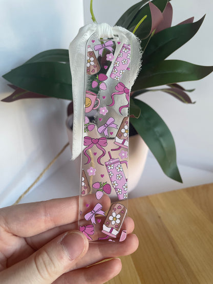 Pink Groovy Girl Clear Acrylic Bookmark with Chiffon Ribbon