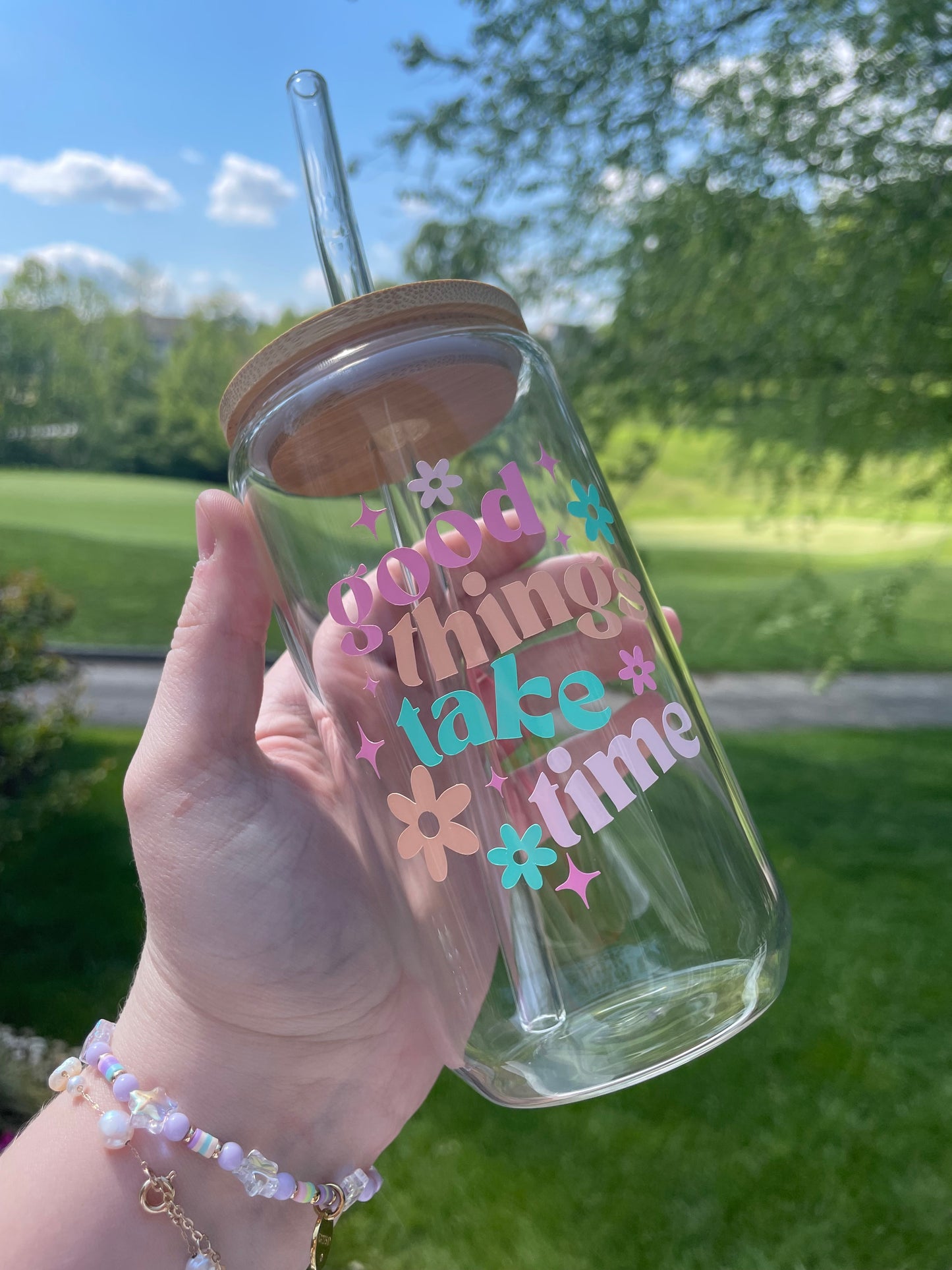 Good Things Take Time Colorful Glass Cup with Bamboo Lid and Glass Straw