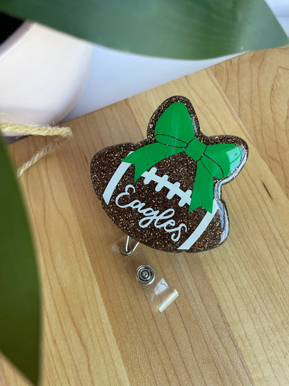 Eagles Glittery Football and Bow Acrylic Badge Reel