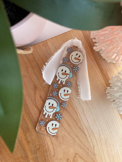 Snowmen and Snowflakes Clear Acrylic Bookmark with Chiffon Ribbon