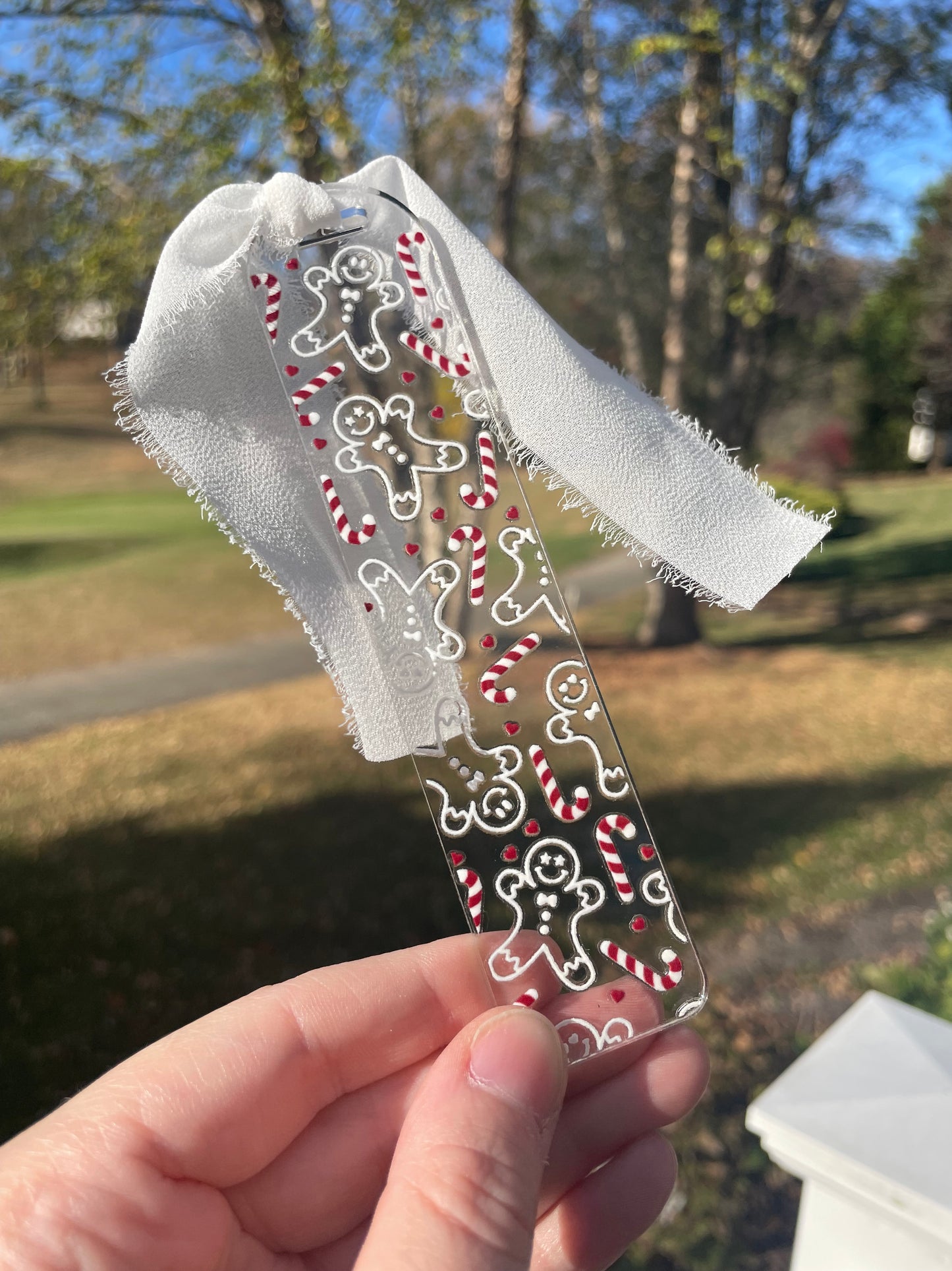White Gingerbread Men and Candy Canes Clear Acrylic Bookmark with Chiffon Ribbon