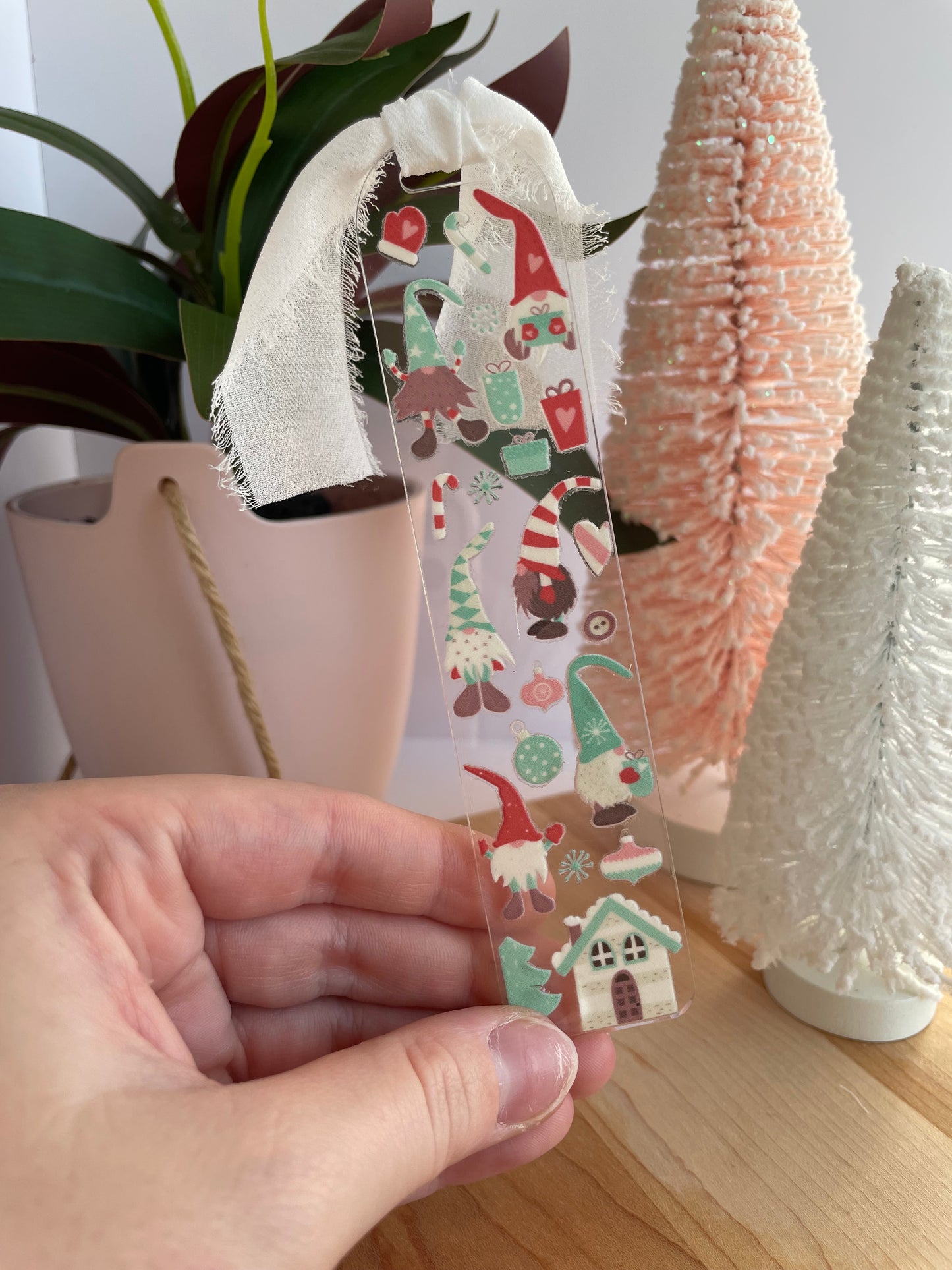 Holiday Gnomes Clear Acrylic Bookmark with Chiffon Ribbon