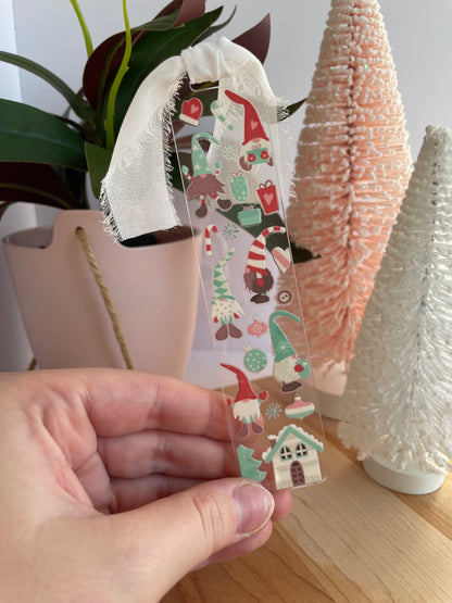 Holiday Gnomes Clear Acrylic Bookmark with Chiffon Ribbon
